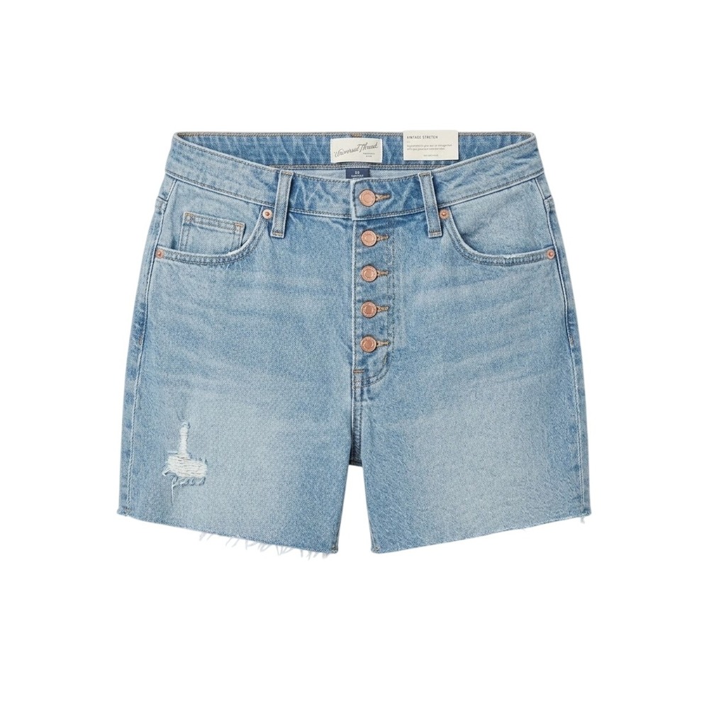 NWT Universal Thread Midi Shorts Women 8 Blue Button Fly Distressed Raw Hem